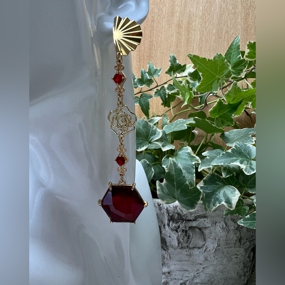 Elegant Art Deco-Inspired  Dangle Statement Earrings- Red & Roses Drop Earrings - Picture 6 of 14